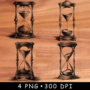 Könnte beinhalten: Vier Schwarzweiß-Illustrationen von Sanduhren. Jede Sanduhr befindet sich in einer anderen Position, wobei der Sand in verschiedene Richtungen fließt. Die Illustrationen befinden sich auf einem Holzmaserungshintergrund.