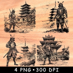 Peut inclure: Quatre illustrations en noir et blanc de samouraïs devant des pagodes japonaises. Les guerriers portent des armures traditionnelles et tiennent des épées. Les pagodes sont à plusieurs étages et ont des toits incurvés.