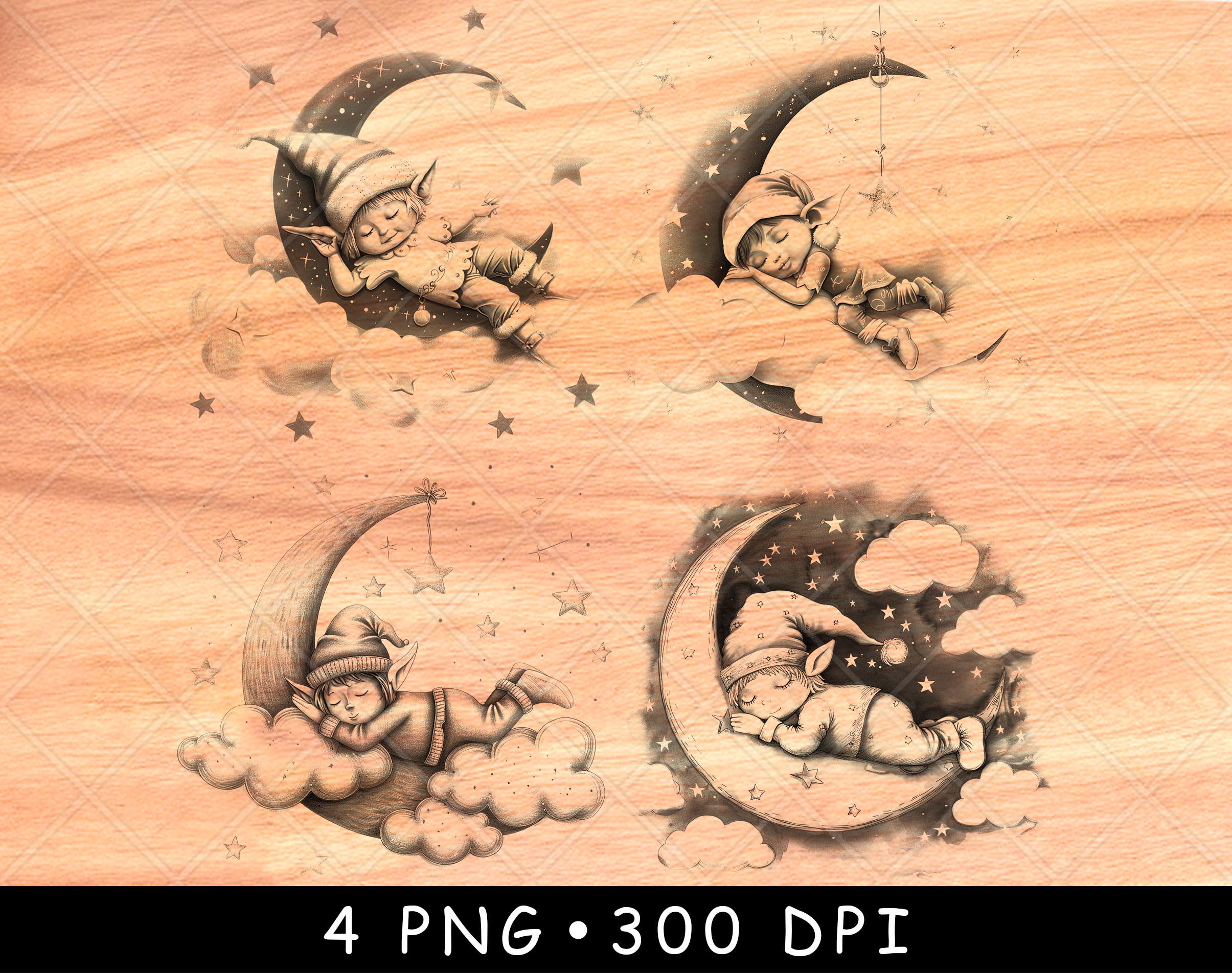 Sleeping Elf on Moon PNG | Whimsical Laser Engraving Design | Nursery Wall Art for Baby Room | Cute Dreamy Night Sky PNG File