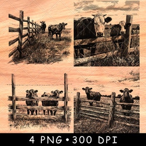 Clôture de ferme rustique bétail vache pâturages laitiers ranch bétail fichier laser graver en niveaux de gris ardoise sous-verres image PNG noir blanc graver du bois cnc