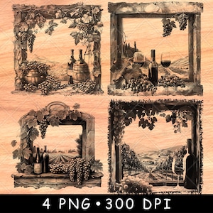 Peut inclure: Quatre impressions d'art numérique sépia sur le thème du vin. Chaque impression représente une vue encadrée de vignobles, de bouteilles de vin, de raisins et de tonneaux. L'œuvre d'art a une esthétique vintage, avec le texte "4 PNG • 300 DPI" en bas.