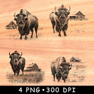 Bison Rustic Farm Barn Bull Buffalo Ranch Pastoral Farmland Laser File Burn Grayscale Slate Coaster Black White PNG Image Engrave Cnc Wood