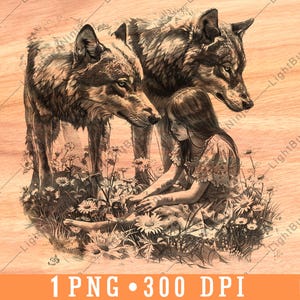 Loups jeune fille princesse fleurs sauvages jardin champ fantaisie fichier laser graver en niveaux de gris ardoise sous-verres noir blanc image PNG graver du bois, un