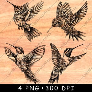 Kolibrie traditionele Maya-patronen Tribal geometrisch vogel laserbestand branden grijstinten leisteen onderzetter zwart wit PNG-afbeelding graveren CNC hout