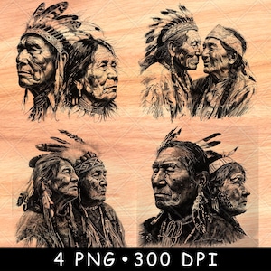 Puede incluir: Cuatro ilustraciones digitales en blanco y negro de parejas de nativos americanos. Las parejas están representadas de perfil, con los hombres vistiendo tocados tradicionales y las mujeres con el pelo largo. Las ilustraciones están sobre un fondo de veta de madera.