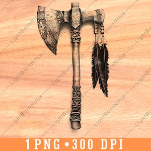 May include: A brown and black tomahawk with a wooden handle and feathers. The tomahawk is on a wooden background.