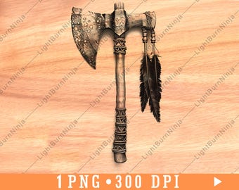 Tribal Tomahawk PNG with Feathers | Native-Inspired Axe Clipart for Laser Engraving, Wood Sign Art, Rustic Decor, Coasters, Crafts