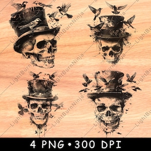Chapéu alto Pássaros voadores Caveira Esqueleto Gótico Horror Halloween Laser Arquivo Queimadura Escala de cinza Ardósia Coaster Preto Branco Imagem PNG Gravar Cnc Madeira