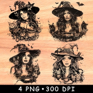 Sorcière chaudron sorcellerie chats chauves-souris animaux de compagnie magie noire Halloween fichier laser graver en niveaux de gris ardoise dessous de verre image PNG noir et blanc graver cnc bois