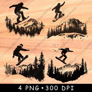 Snowboarder Silhouette Berg Winter Sport Spaß Outdoor Laser brennen Graustufen Schiefer Untersetzer schwarz weiß PNG Bild gravieren Cnc Holz