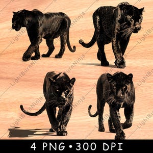 May include: Four digital images of a black panther walking on a wood-grain background. The panther is walking from left to right in each image.