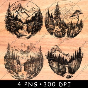 Paysage de montagne forêt arbres cascade rivière nature arbres gravure laser niveaux de gris ardoise dessous de verre image PNG gravure CNC bois