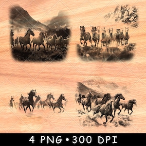 Troupeau de chevaux course en montagne au galop Arabian mustangs fichier laser gravure en niveaux de gris ardoise sous-bock noir blanc Image PNG gravure CNC bois