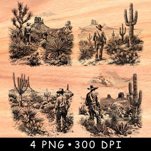 Samotny kowboj Mojave Desert Scene Old West Valley Path Kaktus Laser File Burn Grayscale Slate Coaster Black White PNG Image Engrave Cnc Wood
