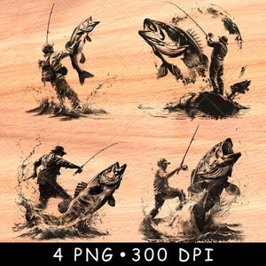 Pescador captura un gran pez saltando, pescador, caña de pescar en el lago, archivo láser, escala de grises, posavasos de pizarra, imagen PNG en blanco y negro, grabado en madera CNC
