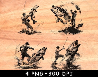 Bass Fishing PNG Laser Engraving Design, Fisherman Catching Fish Art, Lake Angler Wood Engrave File, Outdoor Decor