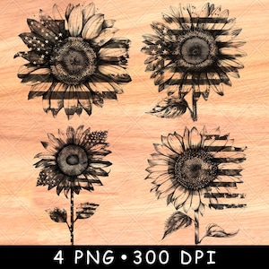 American Flag Sunflower Floral Summer Patriotic Pride Garden Laser File Burn Grayscale Slate Coaster Black White PNG Image Engrave Cnc Wood