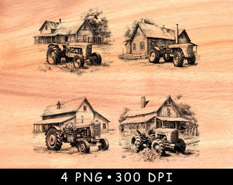 Vintage landbouwtractor, png | Rustieke schuurscène lasergravurebestand | Landelijk houten bordontwerp voor onderzetters, cadeaus en muurkunst