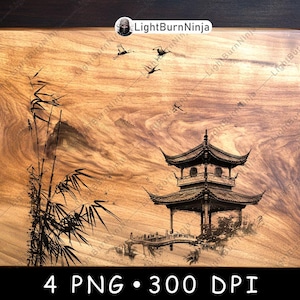 Chinesische Architektur Bambus Pagode Kranich Vogel Fliegen Natur Laserdatei Brennen Graustufen Schiefer Untersetzer Schwarz Weiß PNG Bild Gravieren Cnc Holz