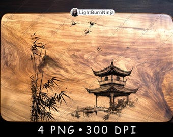 Aziatische pagodescène PNG bamboe vogels en tempellandschap voor lasergravure Oosterse natuurkunst Digitale download Zen-houtgravurebestand