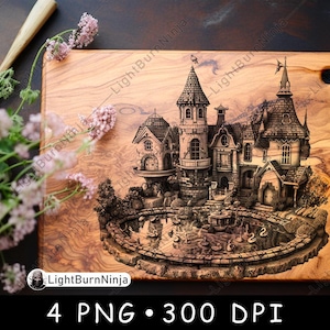 European Village Fairytale Vintage Life Water Fountain Castle Laser File Burn Grayscale Slate Coaster Black White PNG Image Engrave Cnc Wood