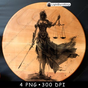 Vrouwe Justitia Zwaard Weegschalen Geblinddoekt Evenwicht Recht Rechter Kunst Laserbestand Branden Grijstinten leisteen Onderzetter zwart wit PNG-afbeelding graveren CNC hout