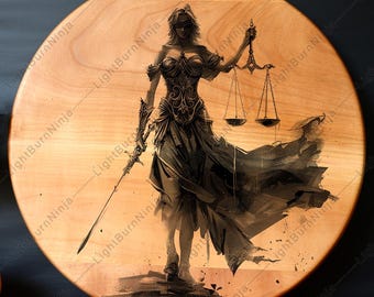 Lady Justice Sword Scales Blindfolded Balance Law Judge Art Laser File Burn Grayscale Slate Coaster Black White PNG Image Engrave Cnc Wood