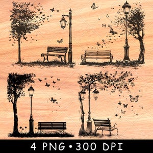 Outdoor Park Straßenlampe Schmetterlinge Bank Baum Stadtnatur Laserdatei Brennen Graustufen Schiefer Untersetzer Schwarz Weiß PNG Bild Gravieren Cnc Holz