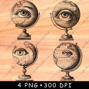 Globus Eye Watcher Geographie World Vision Gruselige Vintage Karte Laser File Brennen Graustufen Schiefer Untersetzer Schwarz Weiss PNG Bild Gravieren Cnc Holz
