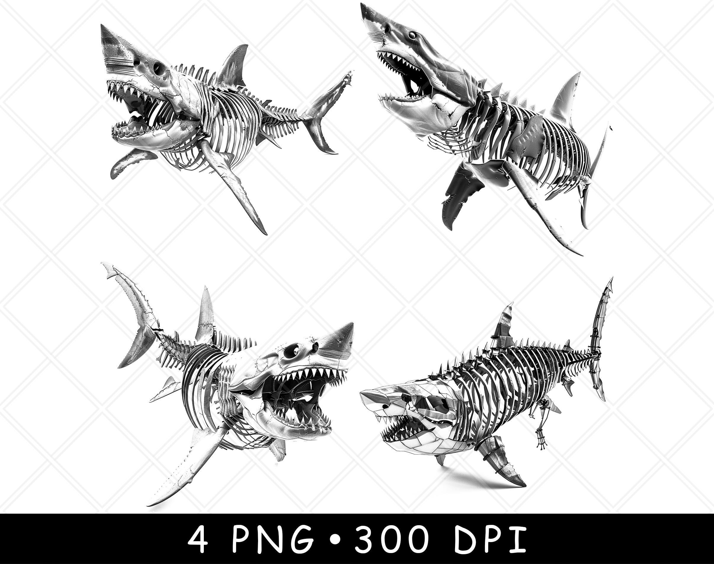 Shark Skeleton PNG Bundle, Great White Skull Art, Ocean Predator