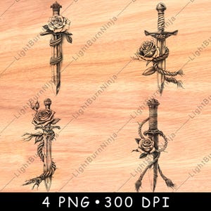 Può includere: Quattro illustrazioni digitali di spade avvolte da una corda con rose. Le spade sono in bianco e nero e le rose sono bianche.