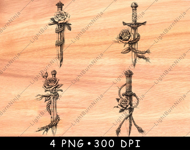 Sword With Roses Printable Rose and Sword PNG Set | Laser Engraving Designs for Wood, Gothic Decor ...