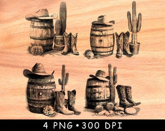 Western Cowboy PNG Laser Engraving File, Barrel Boots Cactus Clipart, Rustic Ranch Wood Burning Design, Farmhouse Decor