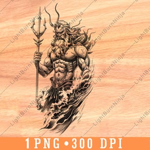 Poseidon PNG for Laser Engraving | Greek God of Sea Trident Ocean Wave Design for Wood, Mythology Wall Art, Coasters, Gifts