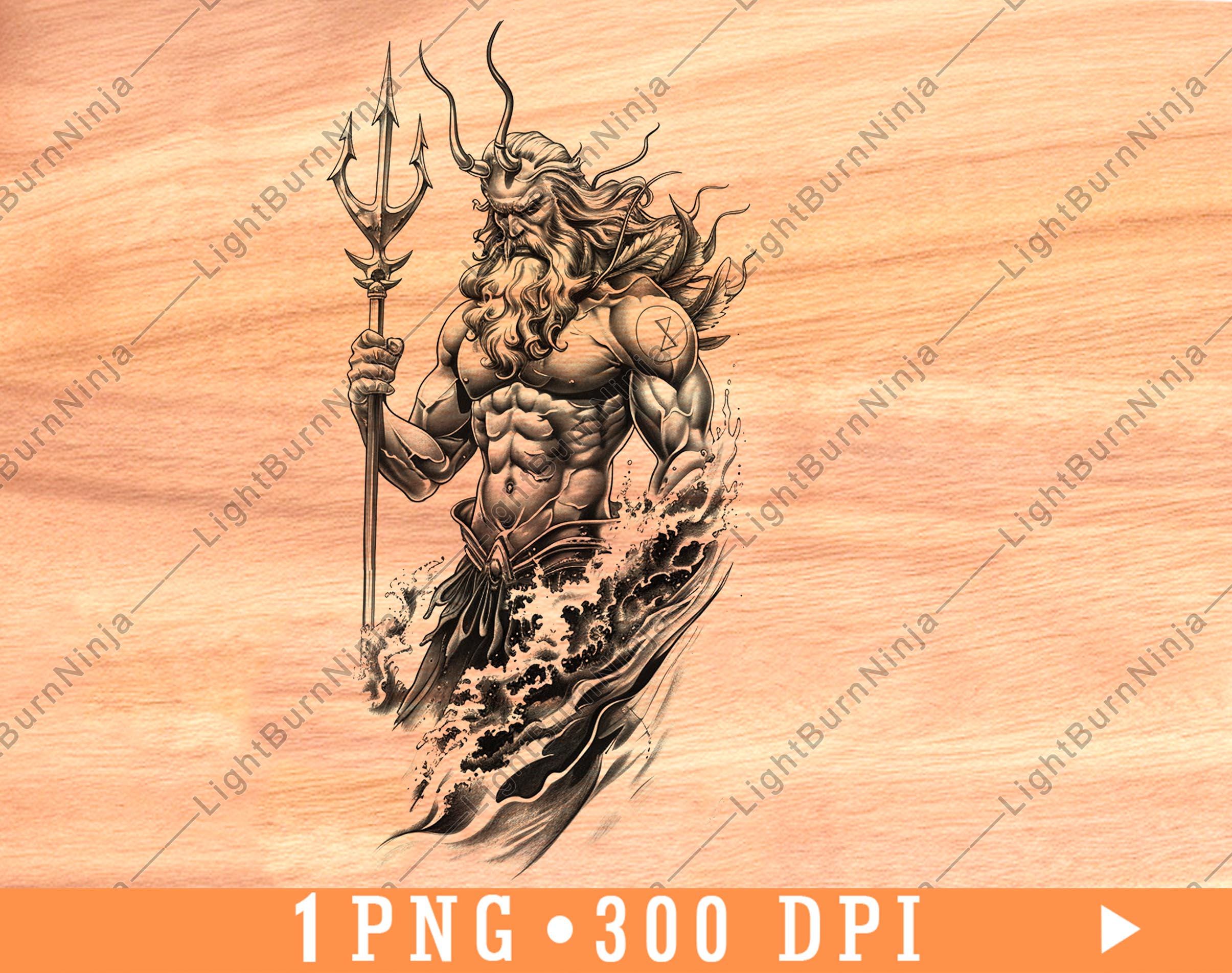 Poseidon Laser Engraving PNG, Greek Sea God Trident Warrior Design