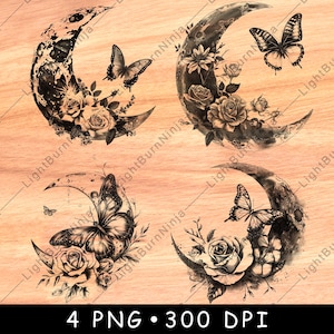 Sichel Mond Floral Lunar Schmetterling Himmlische Blume Design Laser File Brennen Graustufen Schiefer Untersetzer Schwarz Weiß PNG Bild Gravieren Cnc Holz