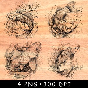 May include: Four black and white illustrations of koi fish swimming in water. The fish are drawn in a realistic style with detailed scales and fins. The water is depicted as swirling and flowing around the fish.