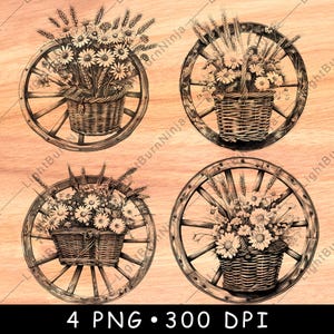 Houten karwiel rieten mand bloemen wagen bloemen land laserbestand branden grijstinten leisteen onderzetter zwart wit PNG-afbeelding graveren CNC hout