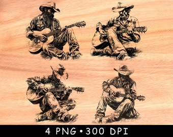 Cowboy Guitar PNG Bundle, Western Musician Laser Engraving File, Rustic Country Wall Art, Vintage Ranch Decor Set