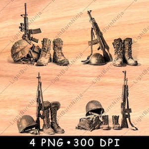 Equipo táctico militar Casco Rifle Botas Soldado Memorial Archivo láser Grabar Escala de grises Posavasos de pizarra Imagen PNG en blanco y negro Grabar en madera CNC