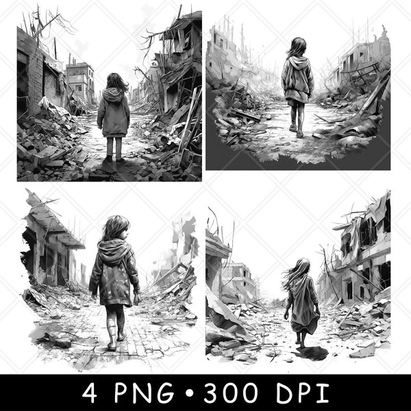 Homeless Little Girl Destroyed City War Conflict Children Laser File Burn Grayscale Slate Coaster Black White PNG Image Engrave Cnc Wood Art