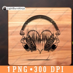 Hoofdtelefoon Hart Audio Geluid Golfvorm Muziek Liefde Ritme Beat Laserbestand Branden Grijstinten leisteen Coaster Zwart wit PNG-afbeelding Graveren hout, één