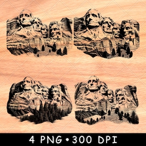 Mount Rushmore National Memorial Amerikaanse president stenen sculptuur laserbestand branden grijstinten leisteen onderzetter zwart wit PNG-afbeelding graveren CNC hout