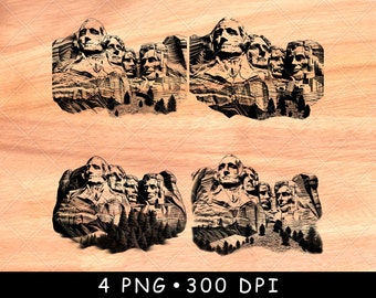 Mount Rushmore National Memorial Amerikaanse president stenen sculptuur laserbestand branden grijstinten leisteen onderzetter zwart wit PNG-afbeelding graveren CNC hout