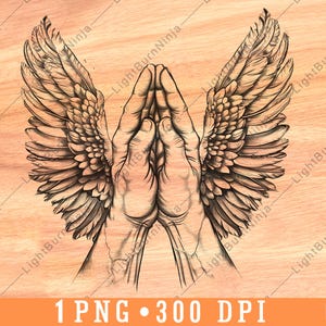 Praying Hands with Angel Wings PNG | Spiritual Clipart for Laser Engraving | Faith and Hope Art Design for Wood Burn Crafts