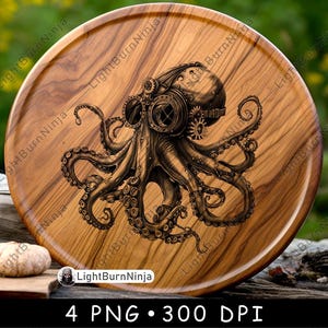 May include: A wooden round serving tray with a steampunk octopus design. The octopus is brown and black with gears and cogs on its head.