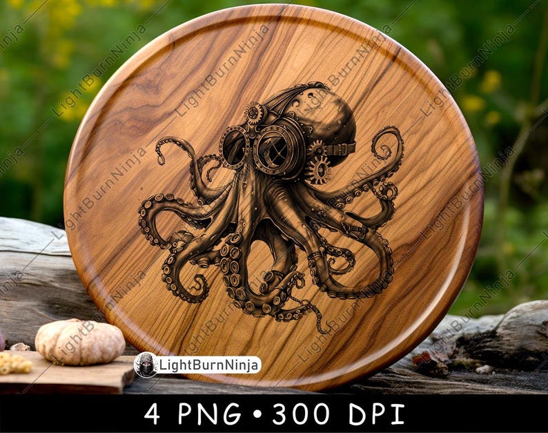 May include: A wooden round serving tray with a steampunk octopus design. The octopus is brown and black with gears and cogs on its head.