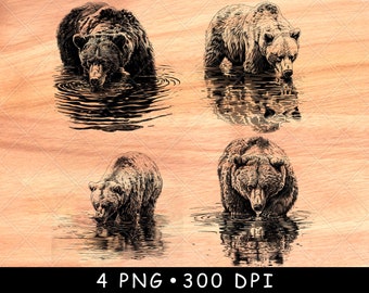 Bear in Water PNG Laser Engraving File, Grizzly Wildlife Wood Burn Design, Rustic Cabin Wall Art, Fishing Lodge Decor