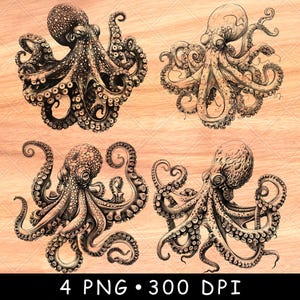 May include: Four black and white digital illustrations of octopuses with detailed tentacles. The octopuses are drawn in a realistic style with intricate details.