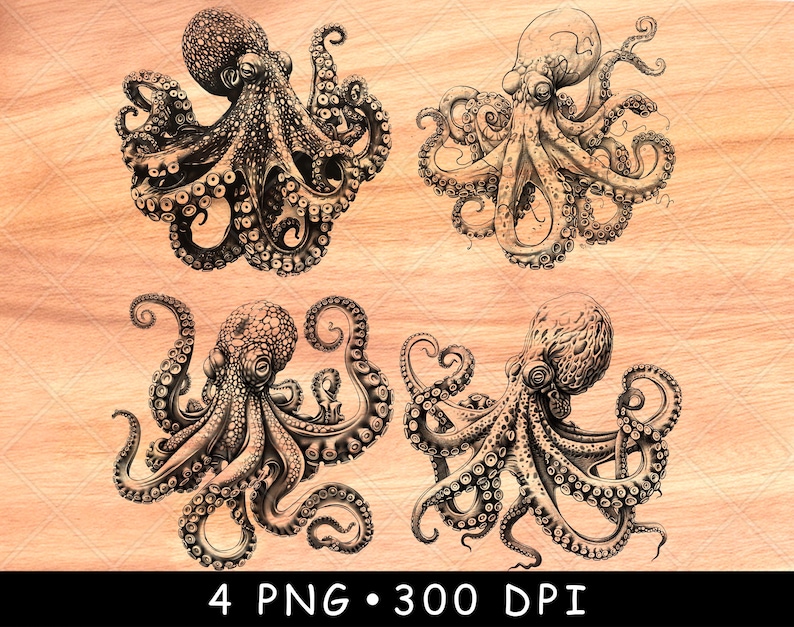 May include: Four black and white digital illustrations of octopuses with detailed tentacles. The octopuses are drawn in a realistic style with intricate details.